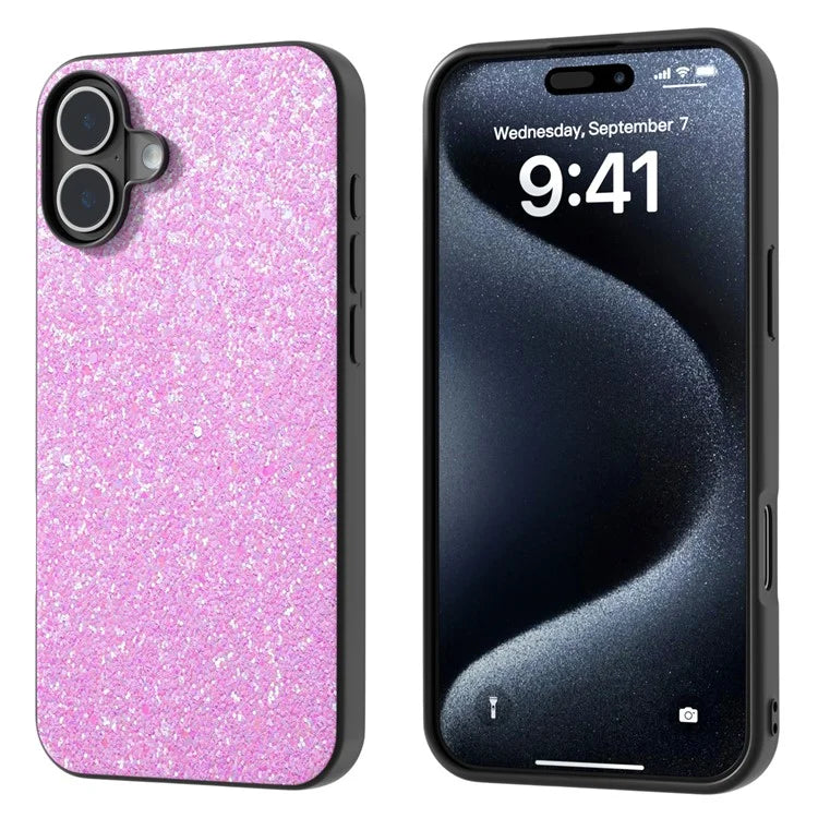 For iPhone 16 Plus Case Glitter PU Covered PC+TPU Phone Shell