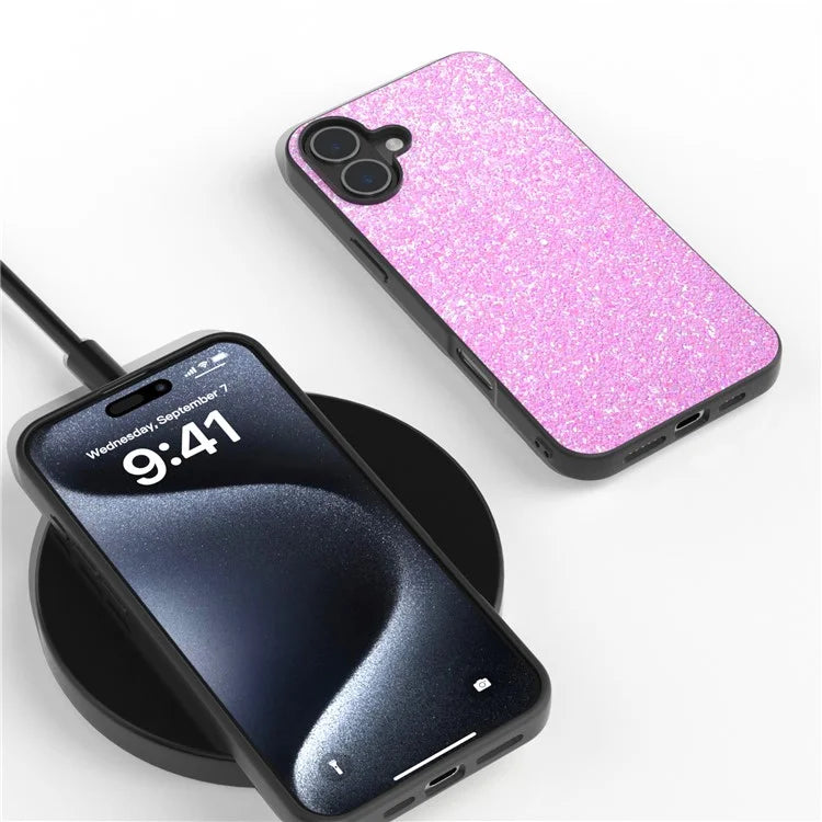 For iPhone 16 Plus Case Glitter PU Covered PC+TPU Phone Shell