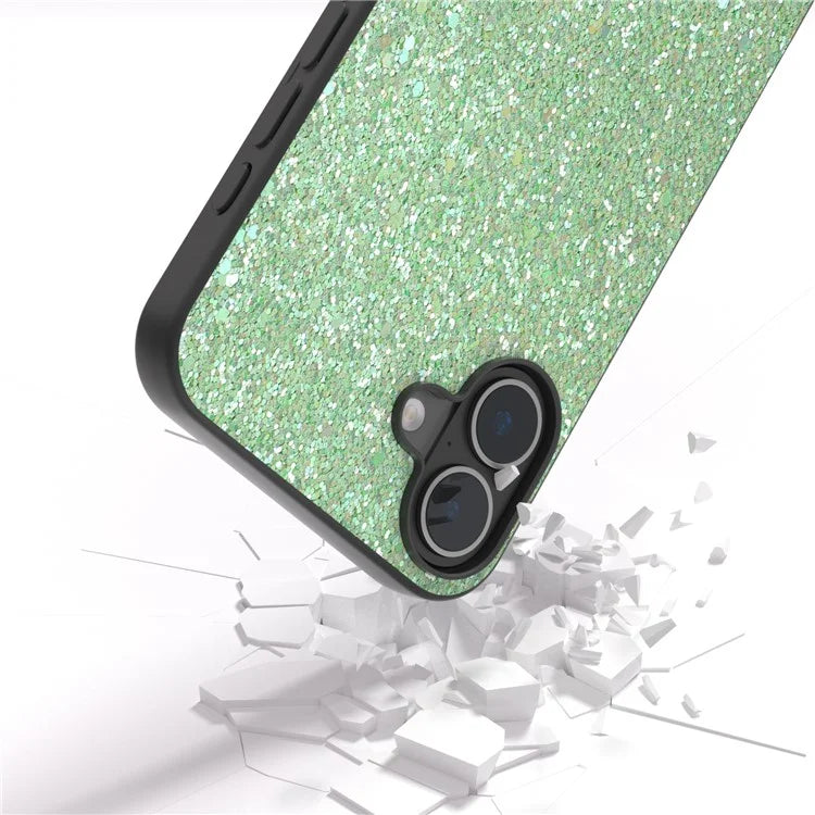 For iPhone 16 Plus Case Glitter PU Covered PC+TPU Phone Shell