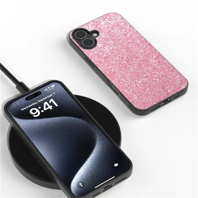 For iPhone 16 Plus Case Glitter PU Covered PC+TPU Phone Shell