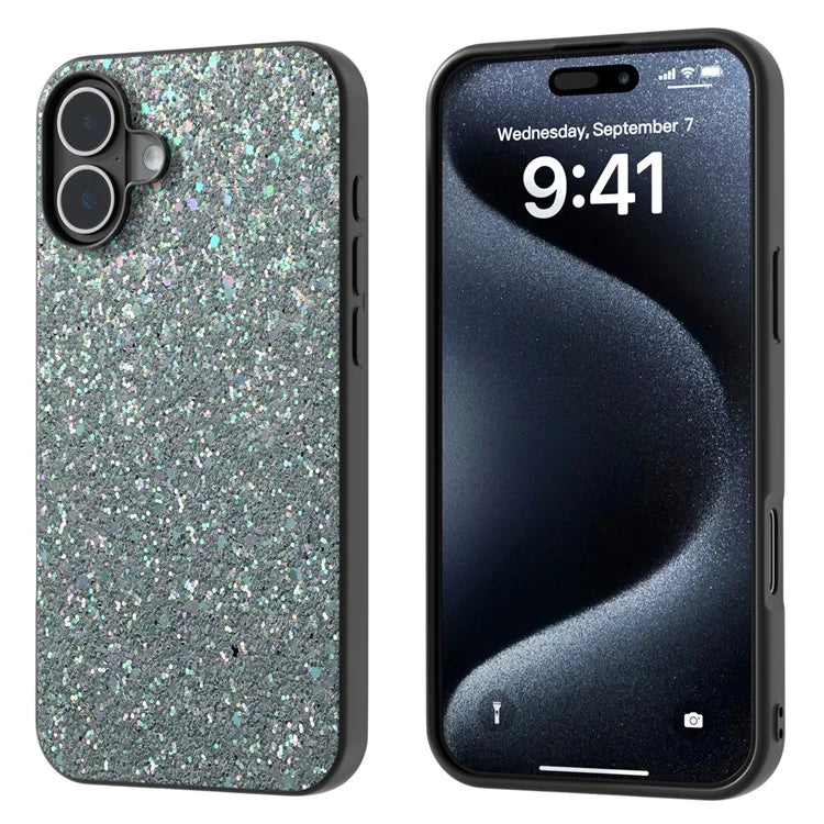 For iPhone 16 Plus Case Glitter PU Covered PC+TPU Phone Shell