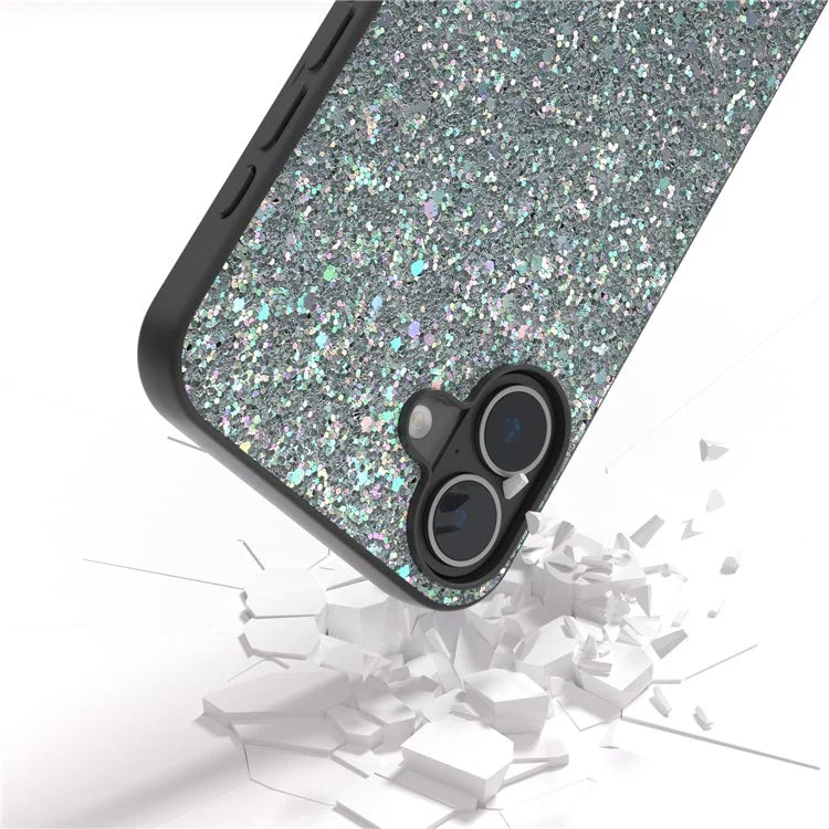 For iPhone 16 Plus Case Glitter PU Covered PC+TPU Phone Shell