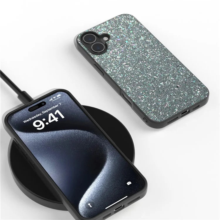For iPhone 16 Plus Case Glitter PU Covered PC+TPU Phone Shell