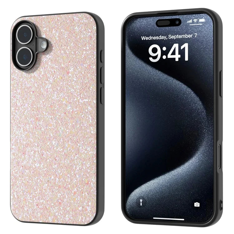 For iPhone 16 Plus Case Glitter PU Covered PC+TPU Phone Shell