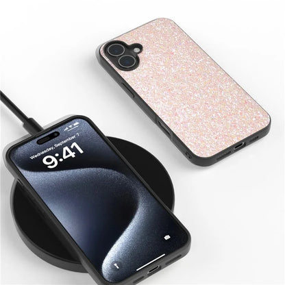 For iPhone 16 Plus Case Glitter PU Covered PC+TPU Phone Shell