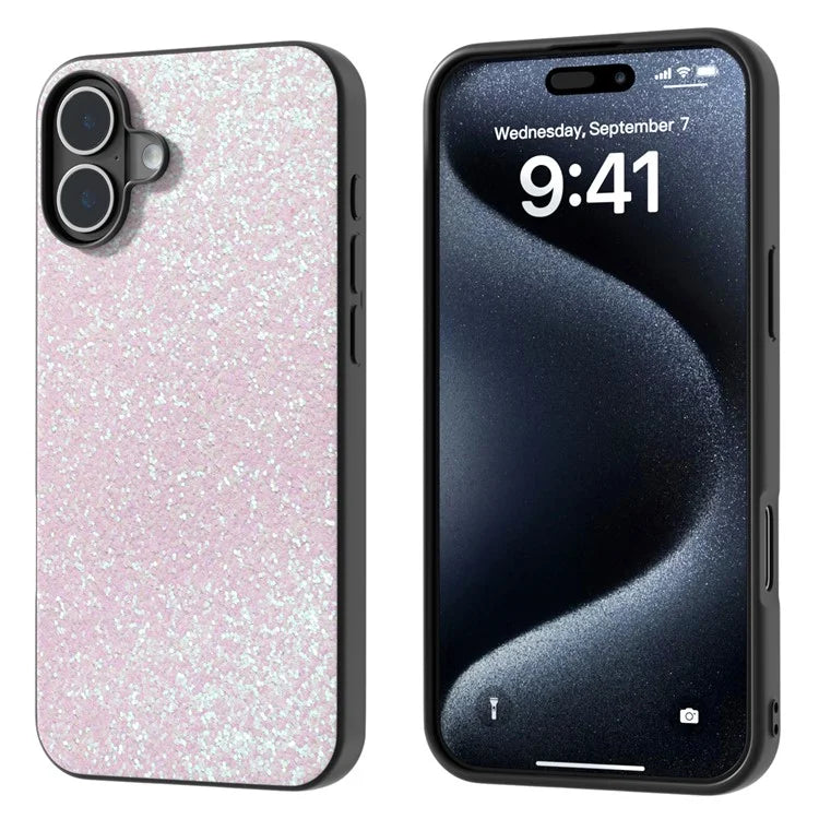 For iPhone 16 Plus Case Glitter PU Covered PC+TPU Phone Shell