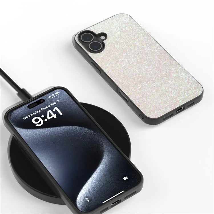 For iPhone 16 Plus Case Glitter PU Covered PC+TPU Phone Shell