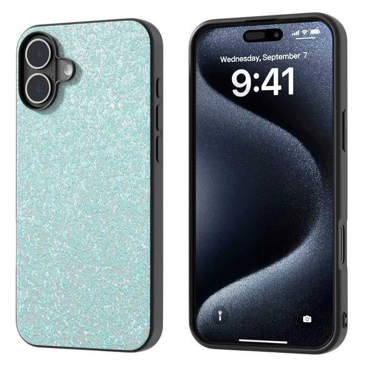 For iPhone 16 Case Glitter PU Covered PC+TPU Phone Shell