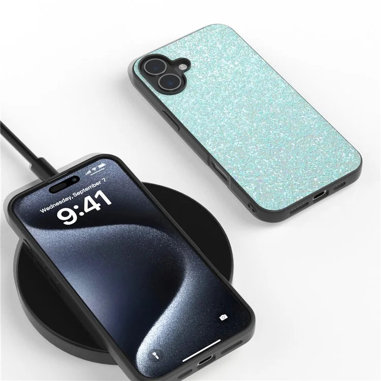 For iPhone 16 Case Glitter PU Covered PC+TPU Phone Shell