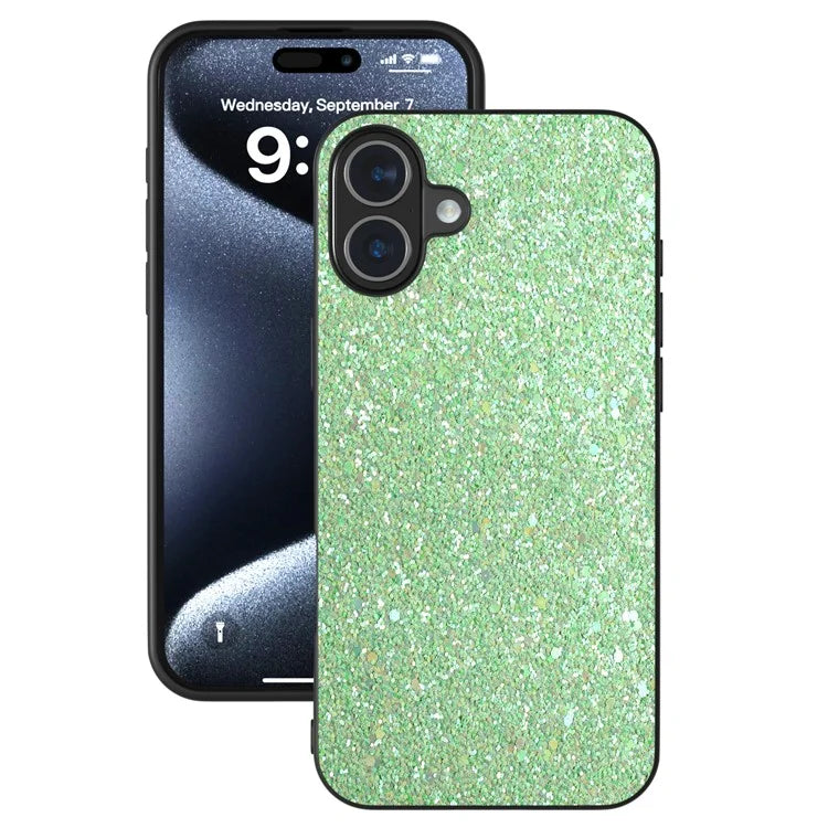 For iPhone 16 Case Glitter PU Covered PC+TPU Phone Shell
