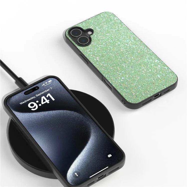 For iPhone 16 Case Glitter PU Covered PC+TPU Phone Shell