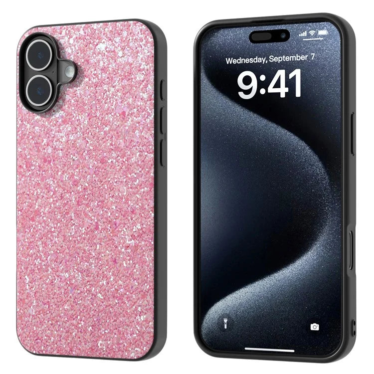 For iPhone 16 Case Glitter PU Covered PC+TPU Phone Shell