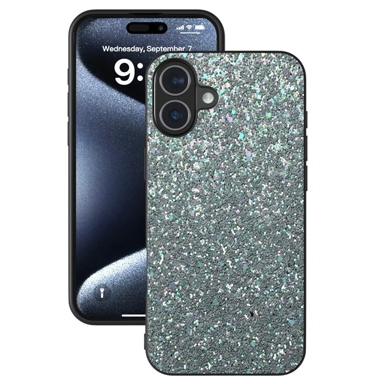 For iPhone 16 Case Glitter PU Covered PC+TPU Phone Shell