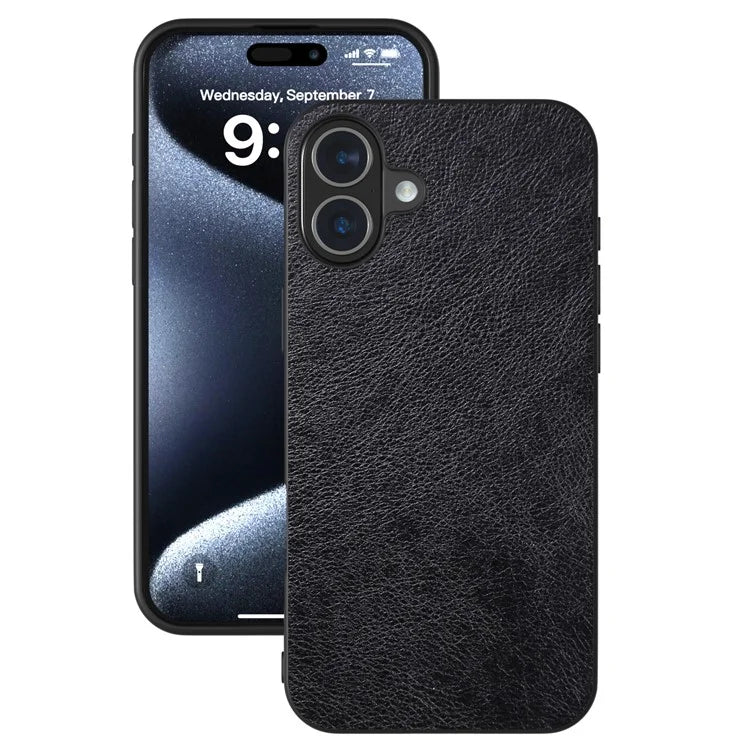 For iPhone 16 Plus Case Litchi Texture PU Leather+PC+TPU Phone Cover Black Edge