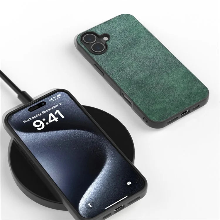For iPhone 16 Plus Case Litchi Texture PU Leather+PC+TPU Phone Cover Black Edge
