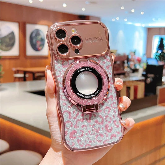For iPhone 16 Pro Max Magnetic Case Curly Frame TPU Leopard Print Glitter Phone Cover Kickstand