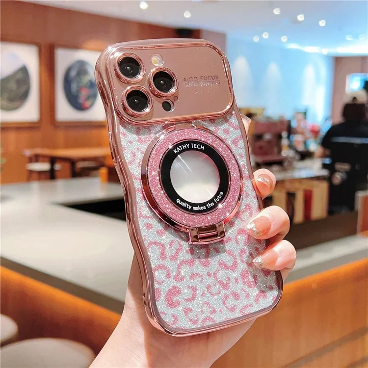 For iPhone 16 Pro Max Magnetic Case Curly Frame TPU Leopard Print Glitter Phone Cover Kickstand