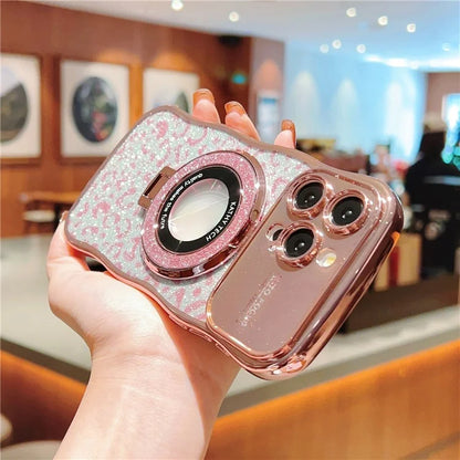 For iPhone 16 Pro Max Magnetic Case Curly Frame TPU Leopard Print Glitter Phone Cover Kickstand