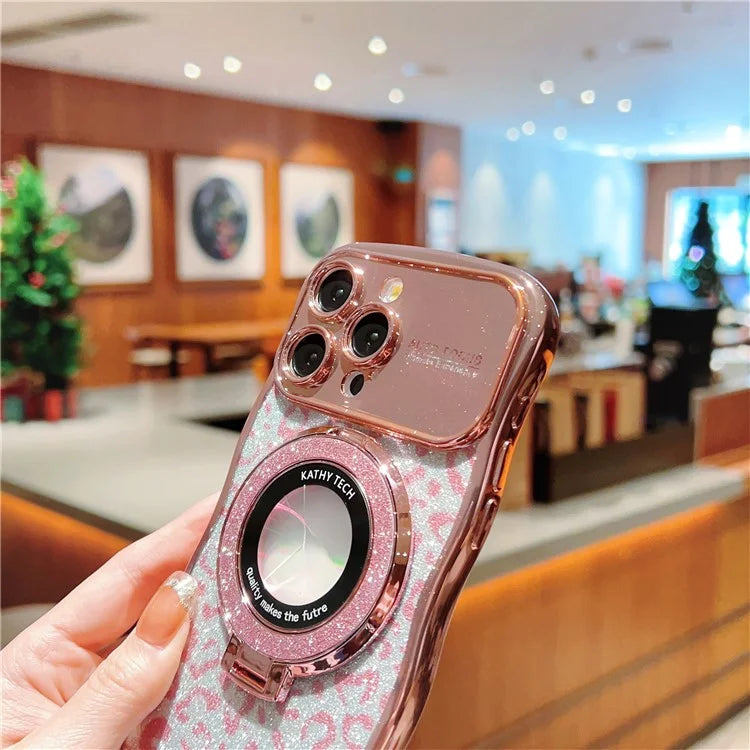 For iPhone 16 Pro Max Magnetic Case Curly Frame TPU Leopard Print Glitter Phone Cover Kickstand