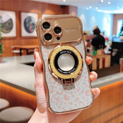 For iPhone 16 Pro Max Magnetic Case Curly Frame TPU Leopard Print Glitter Phone Cover Kickstand