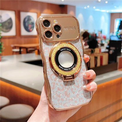 For iPhone 16 Pro Max Magnetic Case Curly Frame TPU Leopard Print Glitter Phone Cover Kickstand