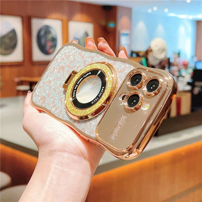 For iPhone 16 Pro Max Magnetic Case Curly Frame TPU Leopard Print Glitter Phone Cover Kickstand