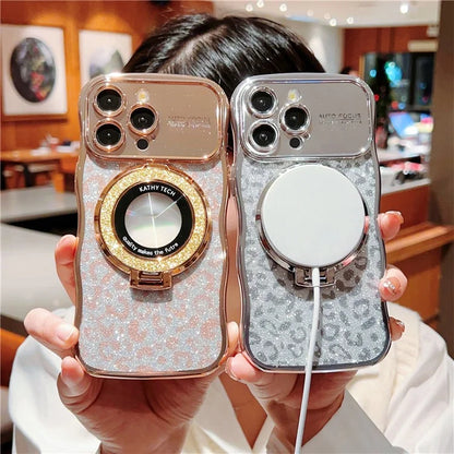 For iPhone 16 Pro Max Magnetic Case Curly Frame TPU Leopard Print Glitter Phone Cover Kickstand