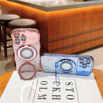 For iPhone 16 Pro Max Magnetic Case Curly Frame TPU Leopard Print Glitter Phone Cover Kickstand