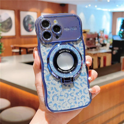 For iPhone 16 Pro Max Magnetic Case Curly Frame TPU Leopard Print Glitter Phone Cover Kickstand