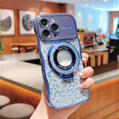For iPhone 16 Pro Max Magnetic Case Curly Frame TPU Leopard Print Glitter Phone Cover Kickstand