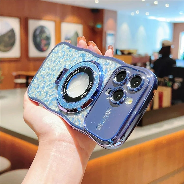 For iPhone 16 Pro Max Magnetic Case Curly Frame TPU Leopard Print Glitter Phone Cover Kickstand