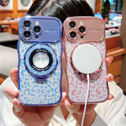 For iPhone 16 Pro Max Magnetic Case Curly Frame TPU Leopard Print Glitter Phone Cover Kickstand
