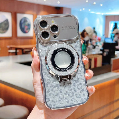 For iPhone 16 Pro Max Magnetic Case Curly Frame TPU Leopard Print Glitter Phone Cover Kickstand