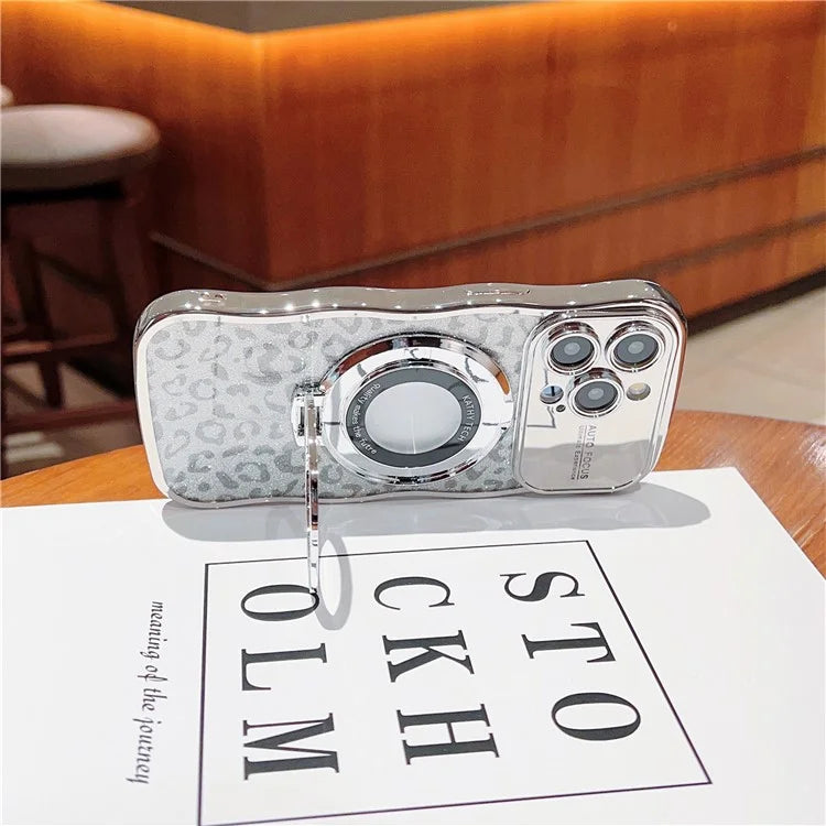 For iPhone 16 Pro Max Magnetic Case Curly Frame TPU Leopard Print Glitter Phone Cover Kickstand