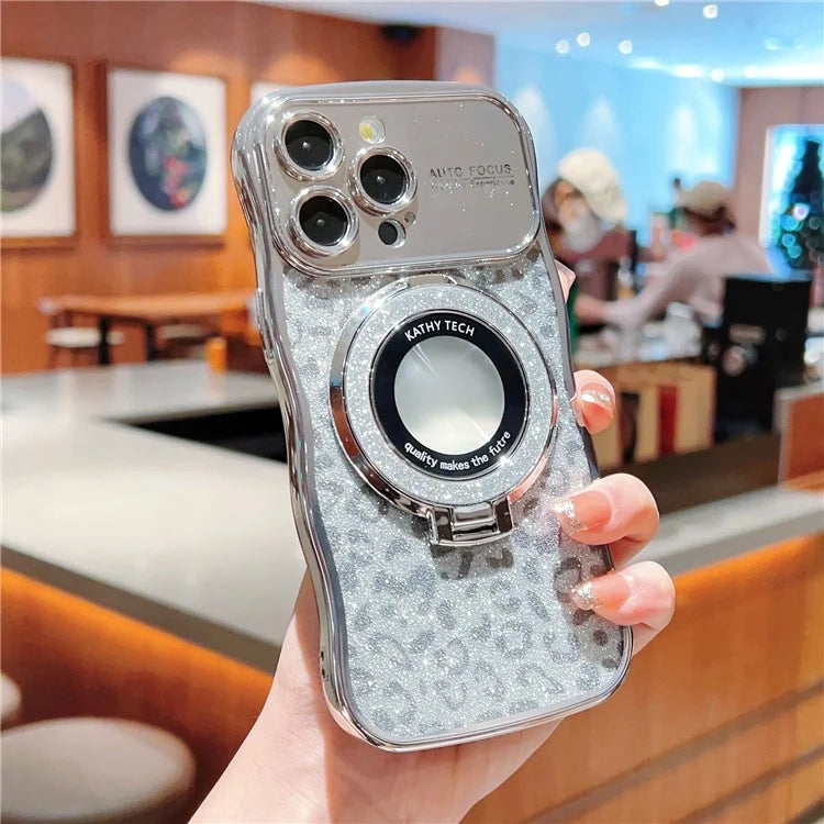 For iPhone 16 Pro Max Magnetic Case Curly Frame TPU Leopard Print Glitter Phone Cover Kickstand