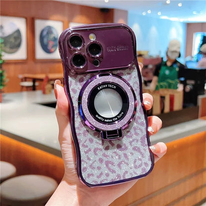 For iPhone 16 Pro Max Magnetic Case Curly Frame TPU Leopard Print Glitter Phone Cover Kickstand