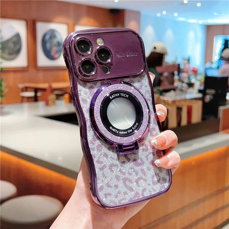 For iPhone 16 Pro Max Magnetic Case Curly Frame TPU Leopard Print Glitter Phone Cover Kickstand