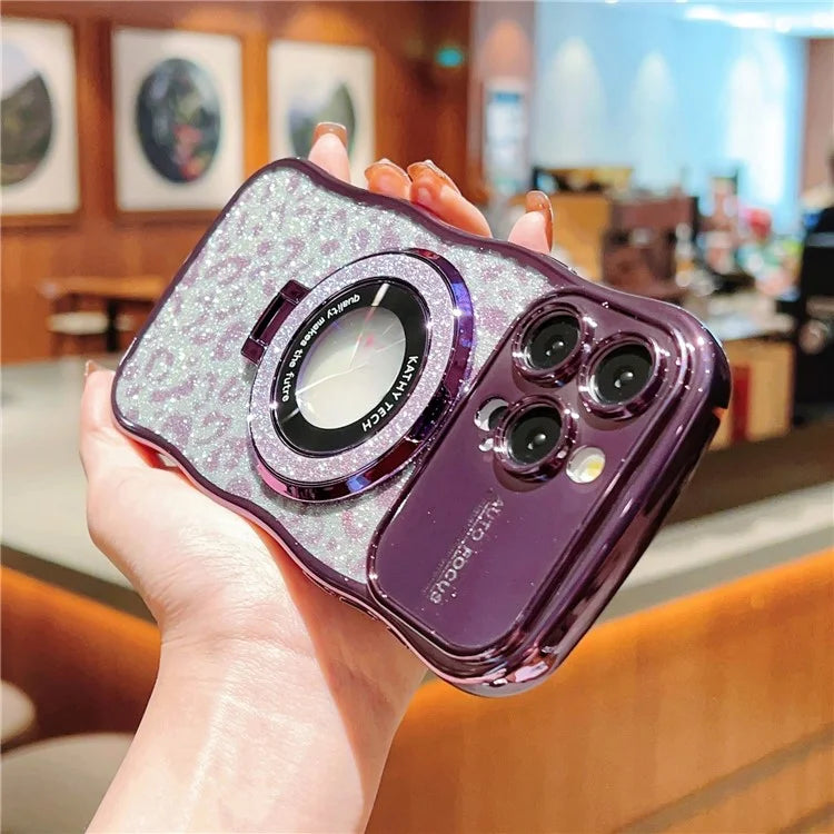 For iPhone 16 Pro Max Magnetic Case Curly Frame TPU Leopard Print Glitter Phone Cover Kickstand