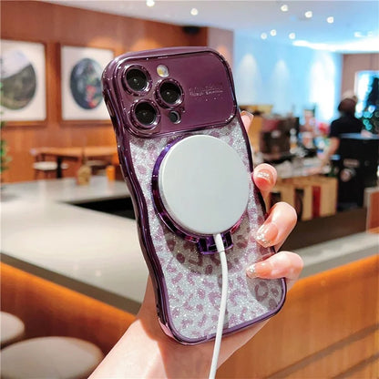 For iPhone 16 Pro Max Magnetic Case Curly Frame TPU Leopard Print Glitter Phone Cover Kickstand