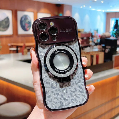 For iPhone 16 Pro Max Magnetic Case Curly Frame TPU Leopard Print Glitter Phone Cover Kickstand