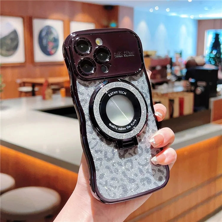 For iPhone 16 Pro Max Magnetic Case Curly Frame TPU Leopard Print Glitter Phone Cover Kickstand