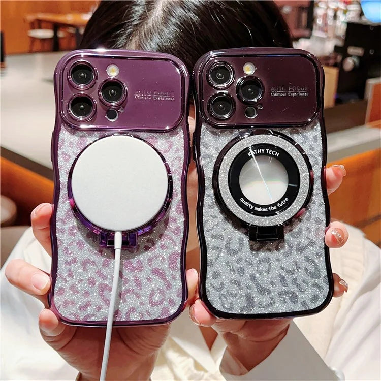 For iPhone 16 Pro Max Magnetic Case Curly Frame TPU Leopard Print Glitter Phone Cover Kickstand