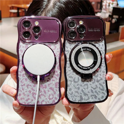 For iPhone 16 Pro Max Magnetic Case Curly Frame TPU Leopard Print Glitter Phone Cover Kickstand