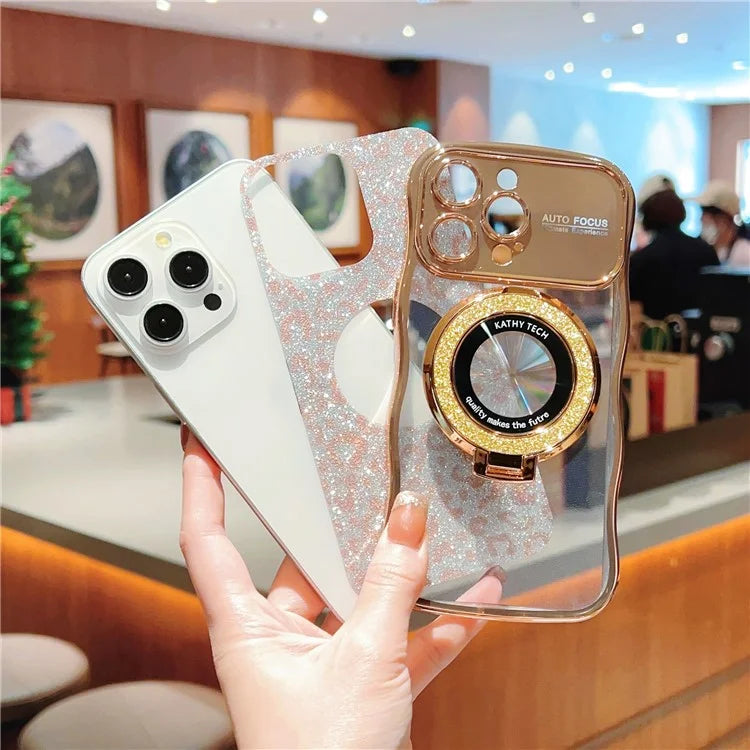 For iPhone 16 Pro Max Magnetic Case Curly Frame TPU Leopard Print Glitter Phone Cover Kickstand