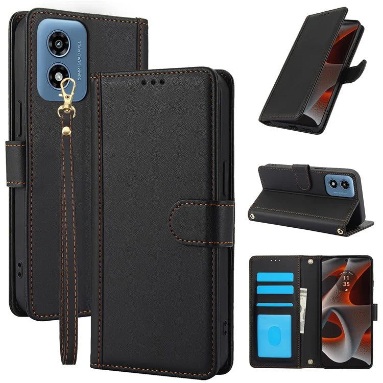 SY-003 For Motorola Moto G 5G (2024) / Moto G Play 5G (2024) Case PU Leather Stand View Phone Wallet Cover with Hand Strap