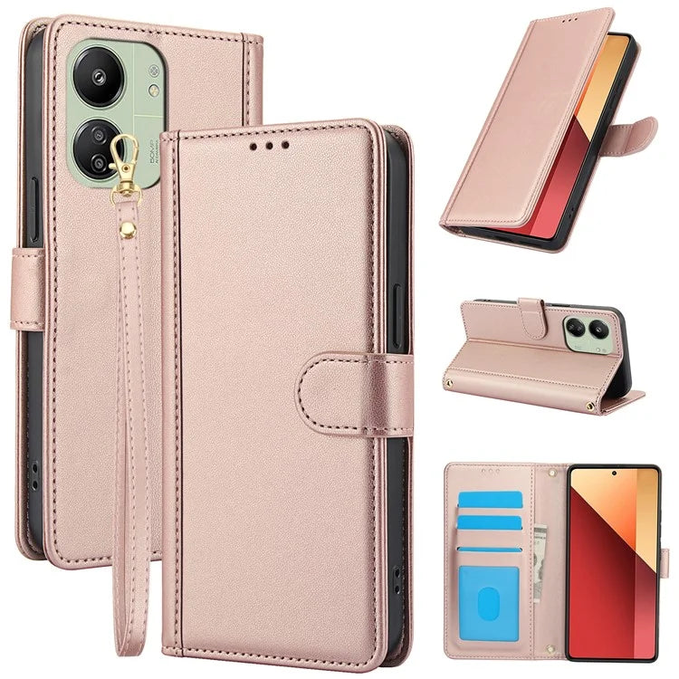 SY-003 For Xiaomi Poco M6 5G / Redmi 13R 5G / 13C 5G / 13C 4G / Poco C65 4G Case PU Leather Phone Wallet Cover with Hand Strap