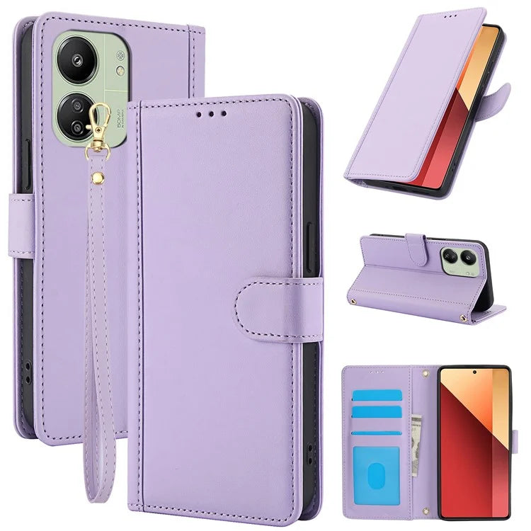 SY-003 For Xiaomi Poco M6 5G / Redmi 13R 5G / 13C 5G / 13C 4G / Poco C65 4G Case PU Leather Phone Wallet Cover with Hand Strap