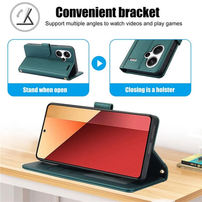 SY-003 For Xiaomi Redmi Note 13 Pro+ 5G Case PU Leather Stand View Phone Wallet Cover with Hand Strap