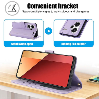 SY-003 For Xiaomi Redmi Note 13 Pro+ 5G Case PU Leather Stand View Phone Wallet Cover with Hand Strap