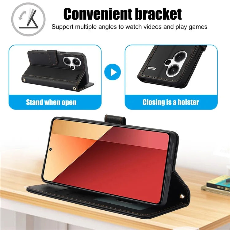 SY-003 For Xiaomi Redmi Note 13 Pro+ 5G Case PU Leather Stand View Phone Wallet Cover with Hand Strap